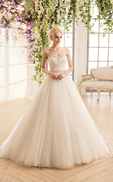 Ball Gown Long Sweetheart Sleeveless Lace-Up Tulle Dress With Beading And Criss Cross