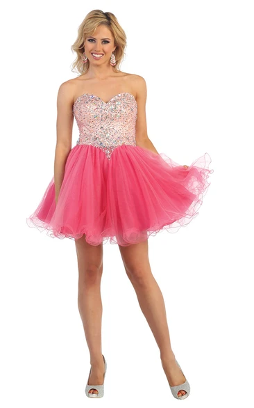 A-Line Short Sweetheart Sleeveless Tulle Backless Dress With Beading And Ruffles