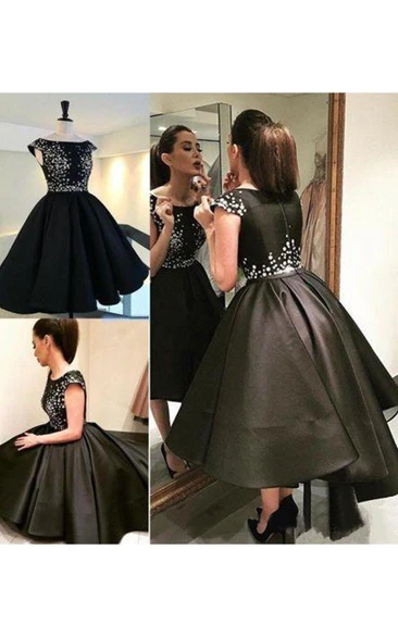 Ball Gown Short Sleeve Satin Bateau Zipper Tea-length High-low Homecoming Dress