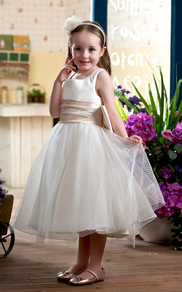 Lovely Sleeveless Tea-Length Flower Girl Dress With Bow