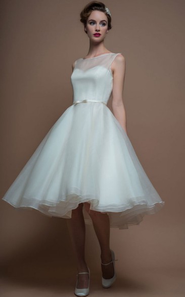 A-Line Tea-Length Sleeveless Bateau-Neck Organza Wedding Dress With Illusion