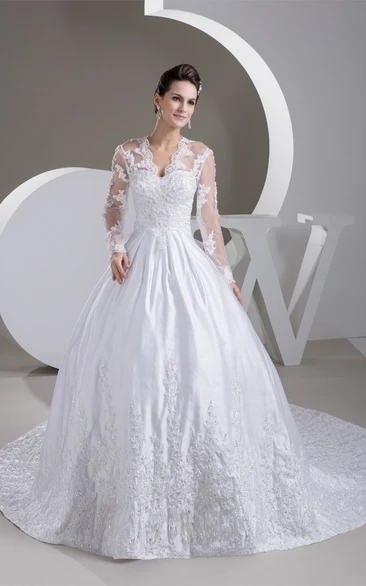 Scalloped-Neck Beaded Long-Sleeve Ball-Gown With Illusion