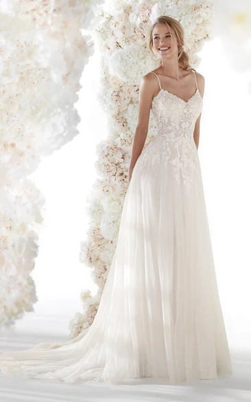 Tulle Ethereal Wedding Dress With Open Back Spaghetti Straps Lace Appliques And Ruching