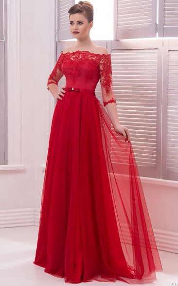 A-Line Floor-Length Off-The-Shoulder 3 Tulle Lace Pleats Button Dress