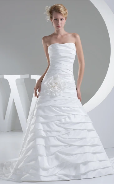 Sleeveless Satin A-Line Ruched Design and Dress With Flower