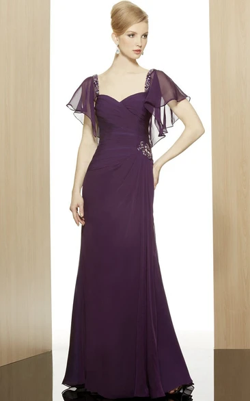 Sheath Poet-Short-Sleeve Beaded Long Sweetheart Chiffon Formal Dress With Zipper Back And Side Draping