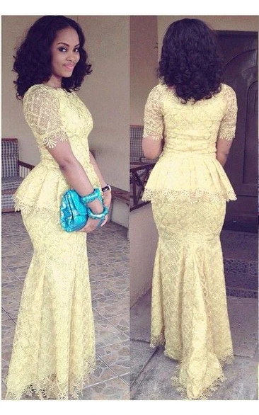 Modern Lace Mermaid Yellow Prom Dress Short Sleeve