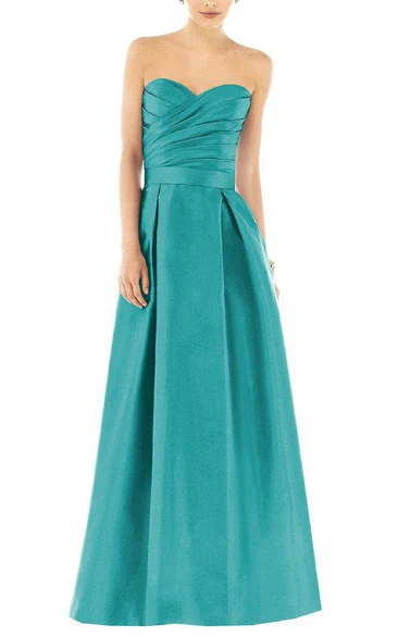 Ruched Bodice Long Satin Dress with Pleats