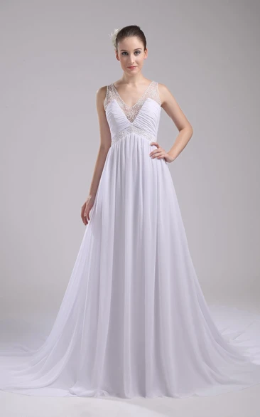 Plunged Sleeveless Chiffon Dress With Beading and Illusion Straps