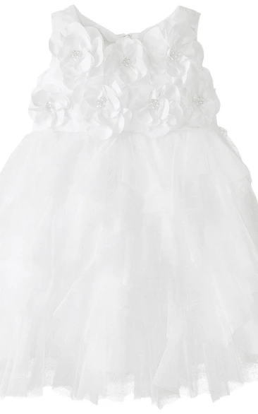 Sleeveless A-line Tulle Dress With Flowers and Bow