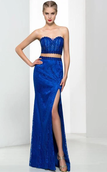 Sweetheart Two Pieces Beading Split-Front Lace Prom Dress