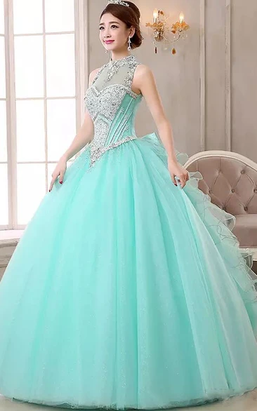 High Neck Ball Gown Floor-length Sleeveless Organza Tulle Prom Dress with Lace-up Keyhole Back