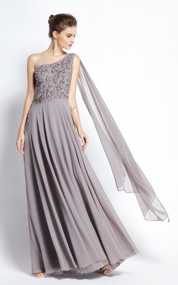 A-Line Floor-length One-shoulder Chiffon Sleeveless Prom Dress with Beading and Draping