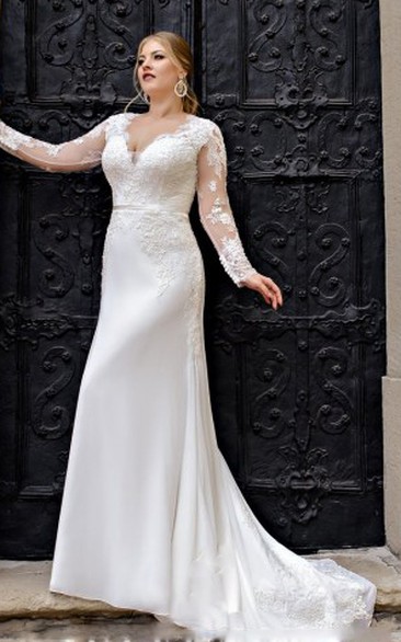 Romantic Satin A Line Floor-length Train Long Sleeve Wedding Dress with Appliques