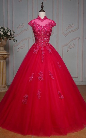 Ball Gown Floor-Length High Neck Bell Cap Beading Appliques Corset Back Tulle Lace Dress