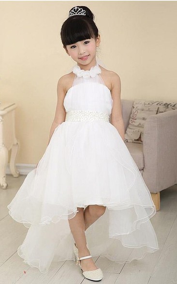 High-Low Tulle Halter Sleeveless Beading Flower Girl Dress