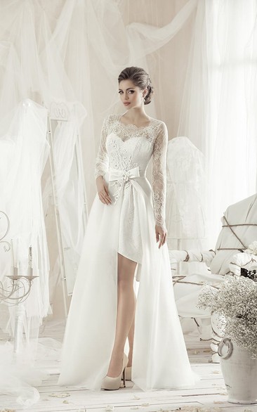 A-Line Knee-Length Square Long-Sleeve Lace Dress With Bow And Appliques