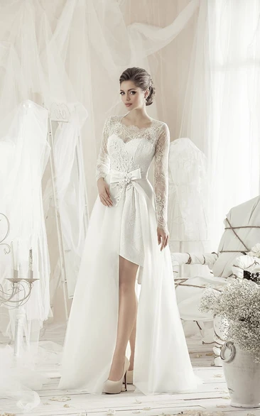 A-Line Knee-Length Square Long-Sleeve Lace Dress With Bow And Appliques