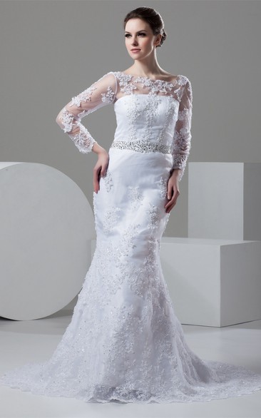 Bateau-Neck Mermaid Lace Long-Sleeve Dress With Illusion