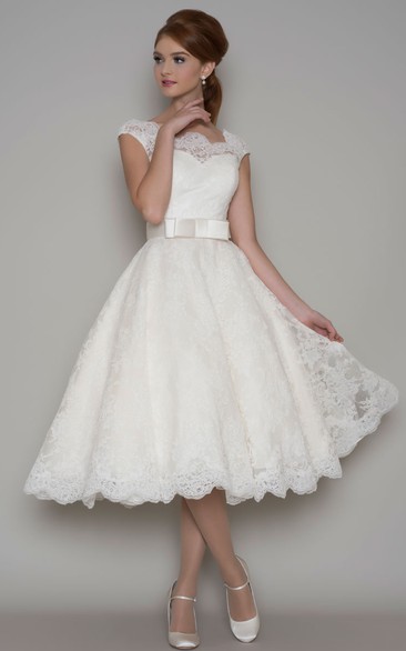 Tea-Length A-Line Cap Sleeve Square Neck Ribboned Lace Wedding Dress