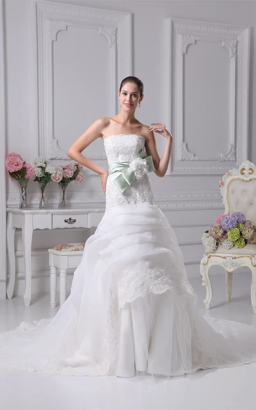Sleeveless A-Line Appliqued Floral Bow and Gown With Beading