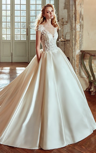 V-Neck A-line Wedding Dress With Lace Bodice and Satin Skirt