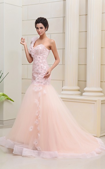 Blushing Pink Mermaid Dress With Lace and Flowers