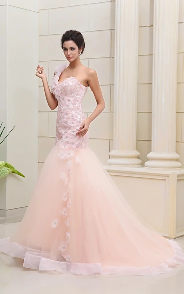 Blushing Pink Mermaid Dress With Lace and Flowers