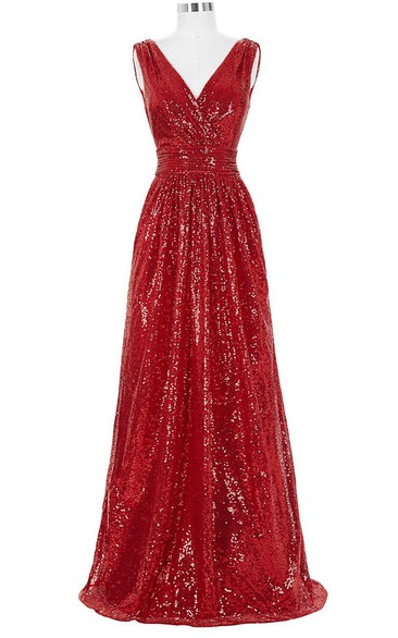 Stunning Sleeveless V-neck Sequined Floor-length Dress