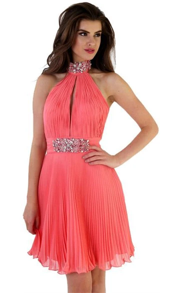 Sleeveless Pleated High-Neck Mini Chiffon Prom Dress With Beading