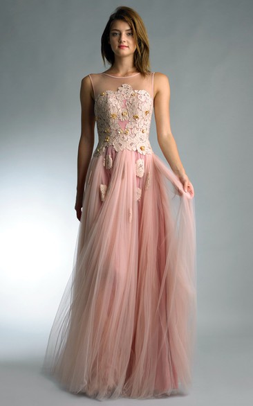 A-line Floor-length Jewel Sleeveless Tulle Low-V Back Dress