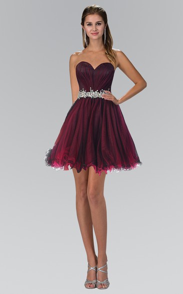 A-Line Mini Sweetheart Tulle Lace-Up Dress With Ruching And Waist Jewellery