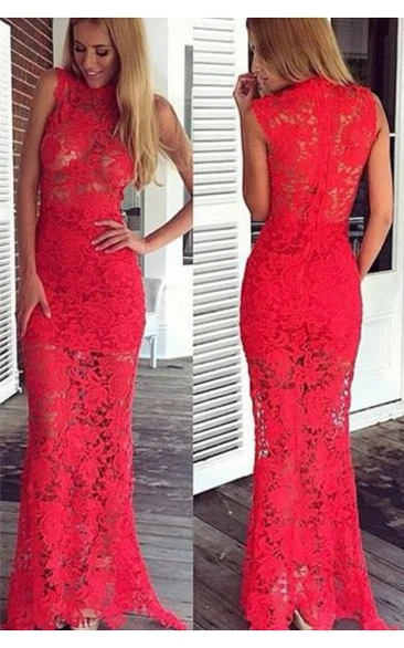 Modern Lace Red Mermaid Prom Dress Zipper Floor-length