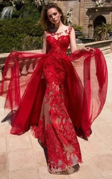 Ethereal Bateau Mermaid Tulle Floor-length Train Sleeveless Prom Dress with Removable Skirt