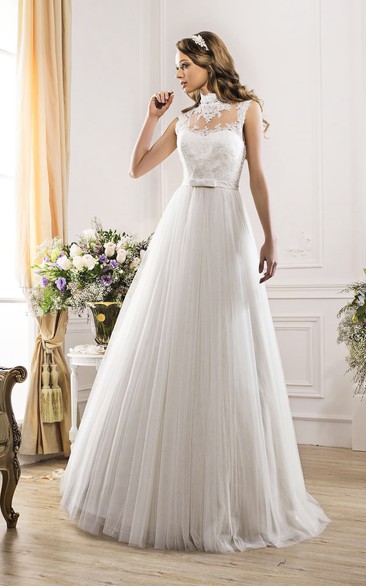 A-Line Long High-Neck Sleeveless Illusion Tulle Dress With Appliques