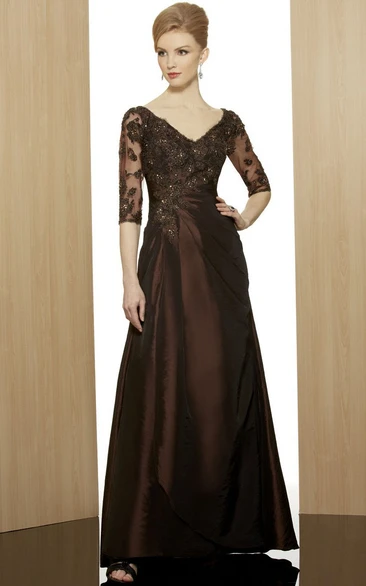 Sheath Ankle-Length Appliqued Half-Sleeve V-Neck Satin Formal Dress With Beading