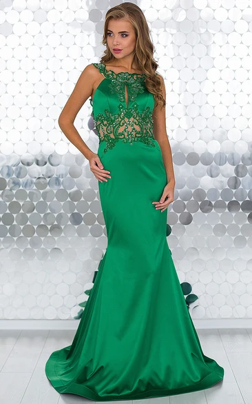 Mermaid Sweep Jewel Sleeveless Satin Appliques Beading Backless Dress