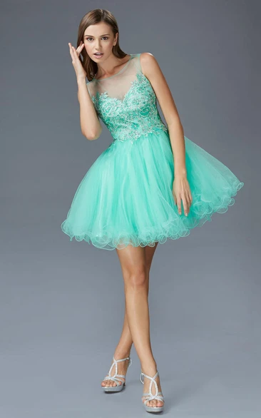 A-Line Short Scoop-Neck Sleeveless Tulle Illusion Dress With Appliques And Ruffles