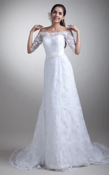 Amazing Half Short Sleeve Satin Appliqued a Line Off the Shoulder Embellished Wedding Dresses