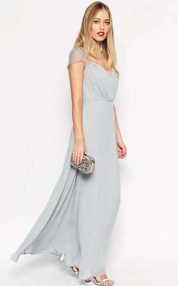 Sheath Floor-Length V-Neck Cap Sleeve Ruched Chiffon Bridesmaid Dress