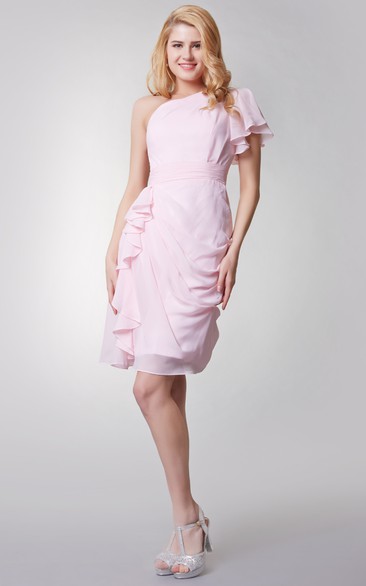 One Sleeve Draped Knee Length Chiffon Dress With Side Ruffles