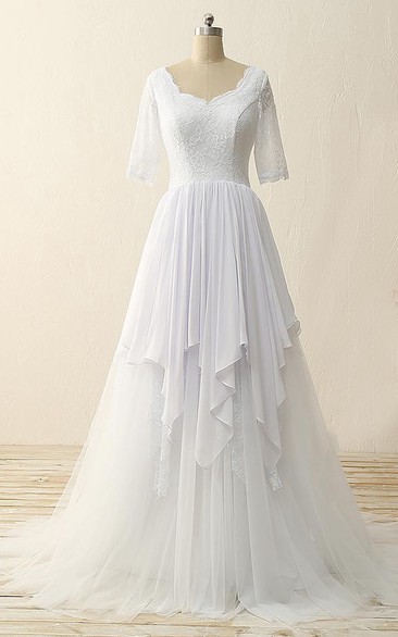 Half Sleeve Sweep Train Zipper Chiffon Tulle Lace Satin Dress