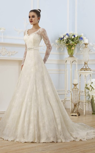 A-Line Floor-Length V-Neck Illusion-Sleeve Corset-Back Lace Dress With Appliques And Bow