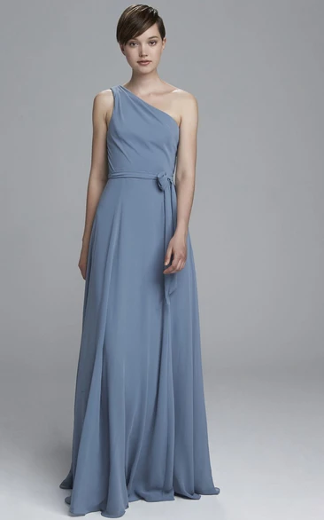 A-Line Floor-Length One-Shoulder Bowed Sleeveless Chiffon Bridesmaid Dress With Pleats