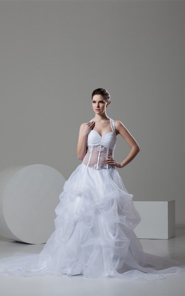 Haltered A-Line Pick-Up Illusion Waist and Gown With Appliques