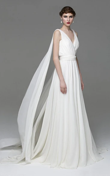 Chiffon V-Neck Sleeveless A-Line Dress With Lace-Up Back