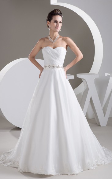 Sweetheart A-Line Criss-Cross Gemmed Waist and Gown With Appliques