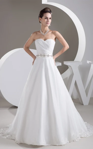 Sweetheart A-Line Criss-Cross Gemmed Waist and Gown With Appliques