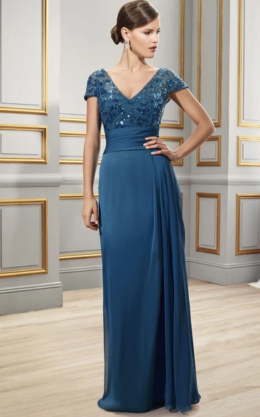 Floor-Length Sequined Cap Sleeve V-Neck Chiffon Formal Dress