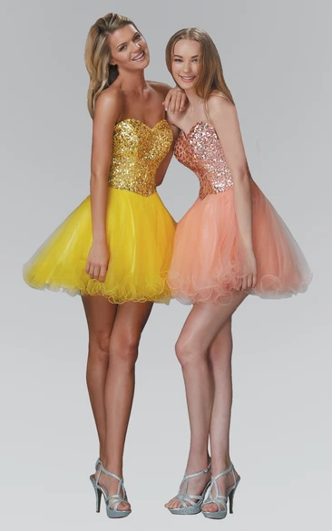 A-Line Short Sweetheart Sleeveless Sequins Backless Dress With Ruffles